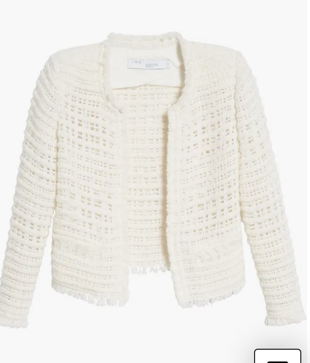 IRO Paris Boucle Startle Ecru Open Knit Frayed Edge Jacket Cardigan Size 38 US 6